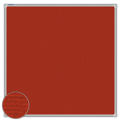 Red carpet pin board, 900mm x 900mm, square with a silver aluminium frame and a close-up inset of the woven texture