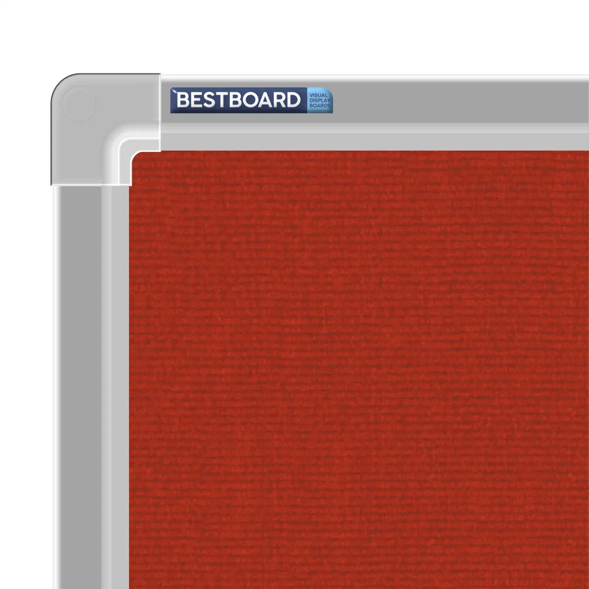 Close-up of a red carpet pin board corner showing the Bestboard logo and the moulded silver aluminium frame