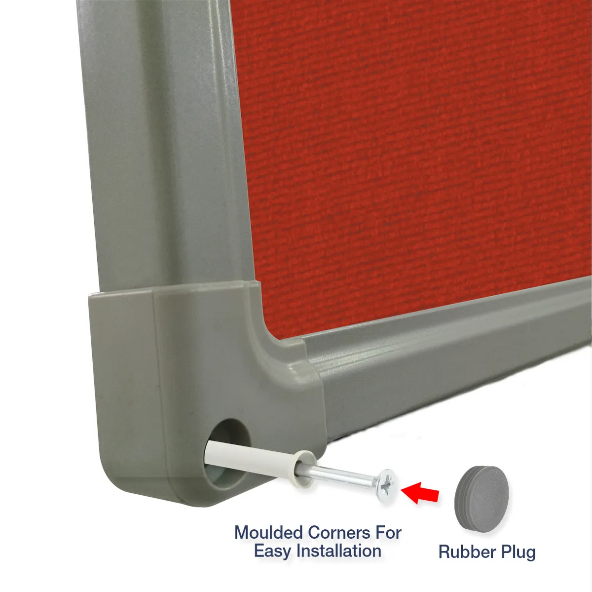 Exploded view of a red carpet pin board corner showing the moulded corner piece and rubber plug for easy installation