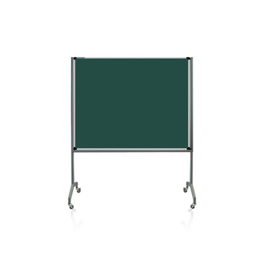 Clean mobile chalkboard with metal frame on rolling stand. Features smooth writing surface and sturdy casters / wheels for easy classroom or office repositioning.