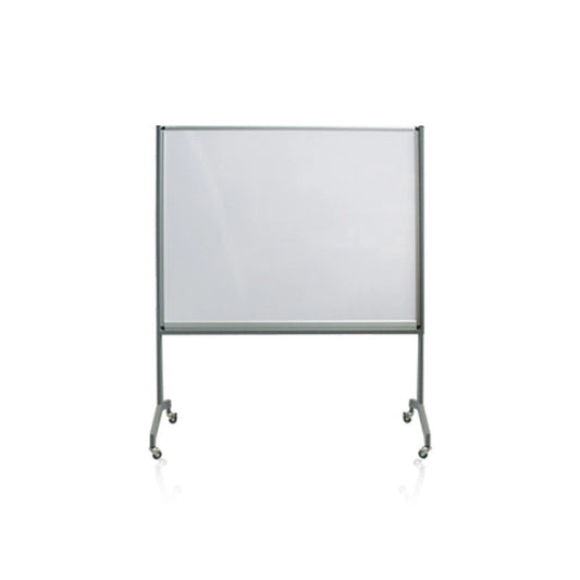 Clean mobile whiteboard with metal frame on rolling stand. Features smooth writing surface and sturdy casters for easy classroom or office repositioning.