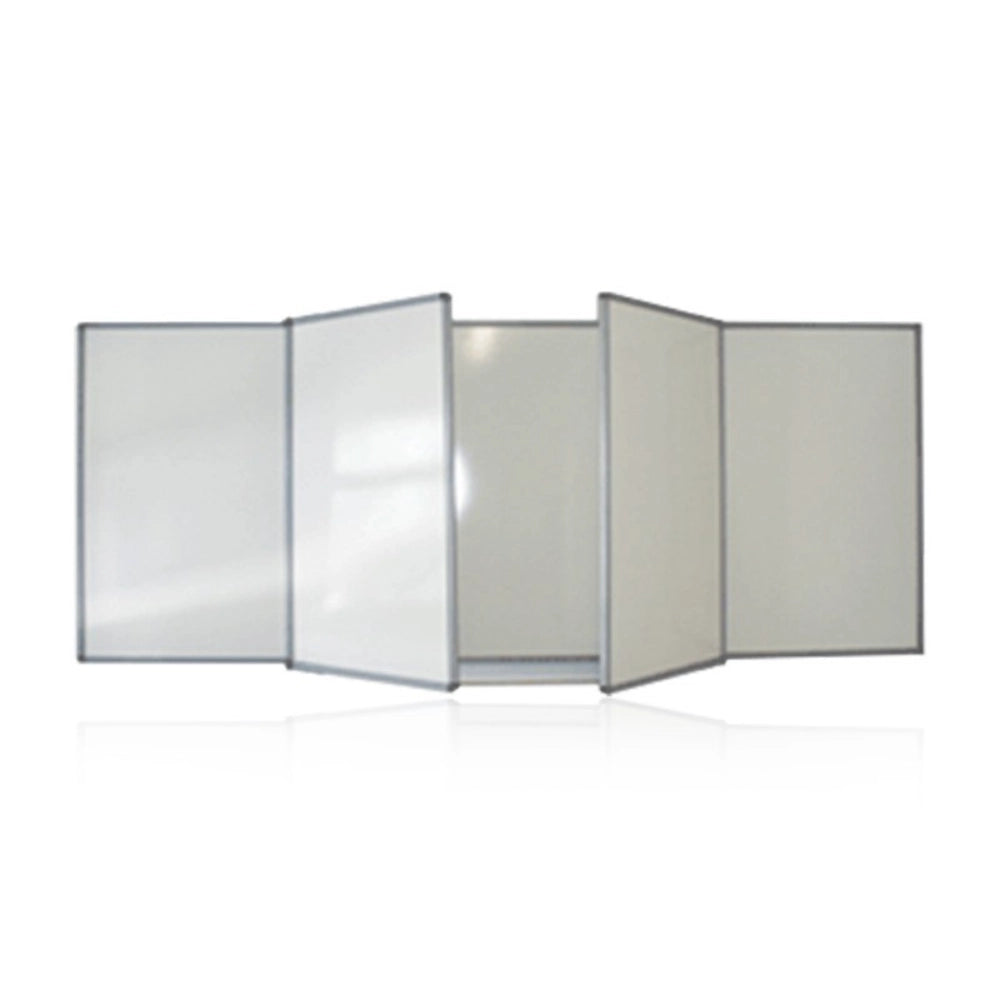 Whiteboard with five panels including double-sided swinging leaf boards, mounted in an aluminium frame.
