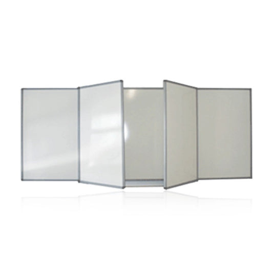 Whiteboard with five panels including double-sided swinging leaf boards, mounted in an aluminium frame.