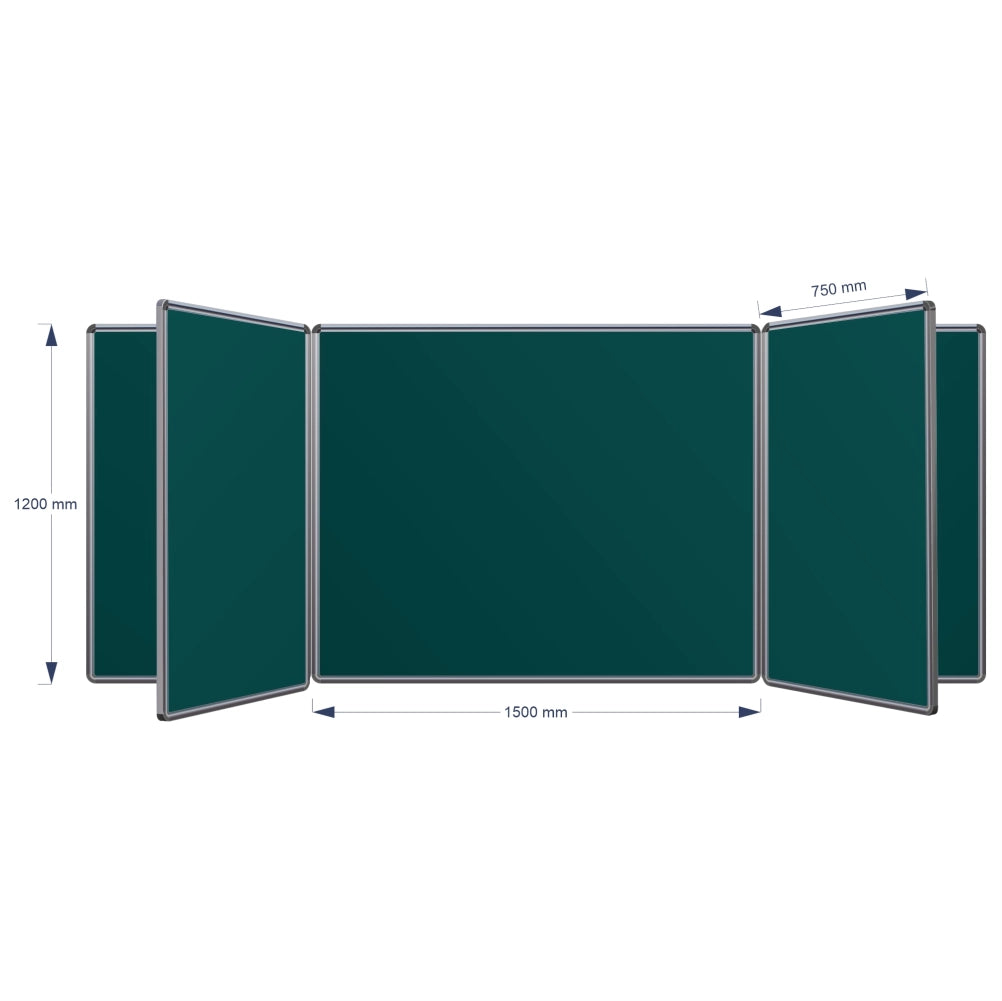 A technical product diagram of a Swing Leaf Chalkboard, showing its dimensions: 1200 mm height, 1500 mm middle width panel, and 750 mm panel spacing, on a plain white background.