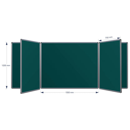 A technical product diagram of a Swing Leaf Chalkboard, showing its dimensions: 1200 mm height, 1500 mm middle width panel, and 750 mm panel spacing, on a plain white background.