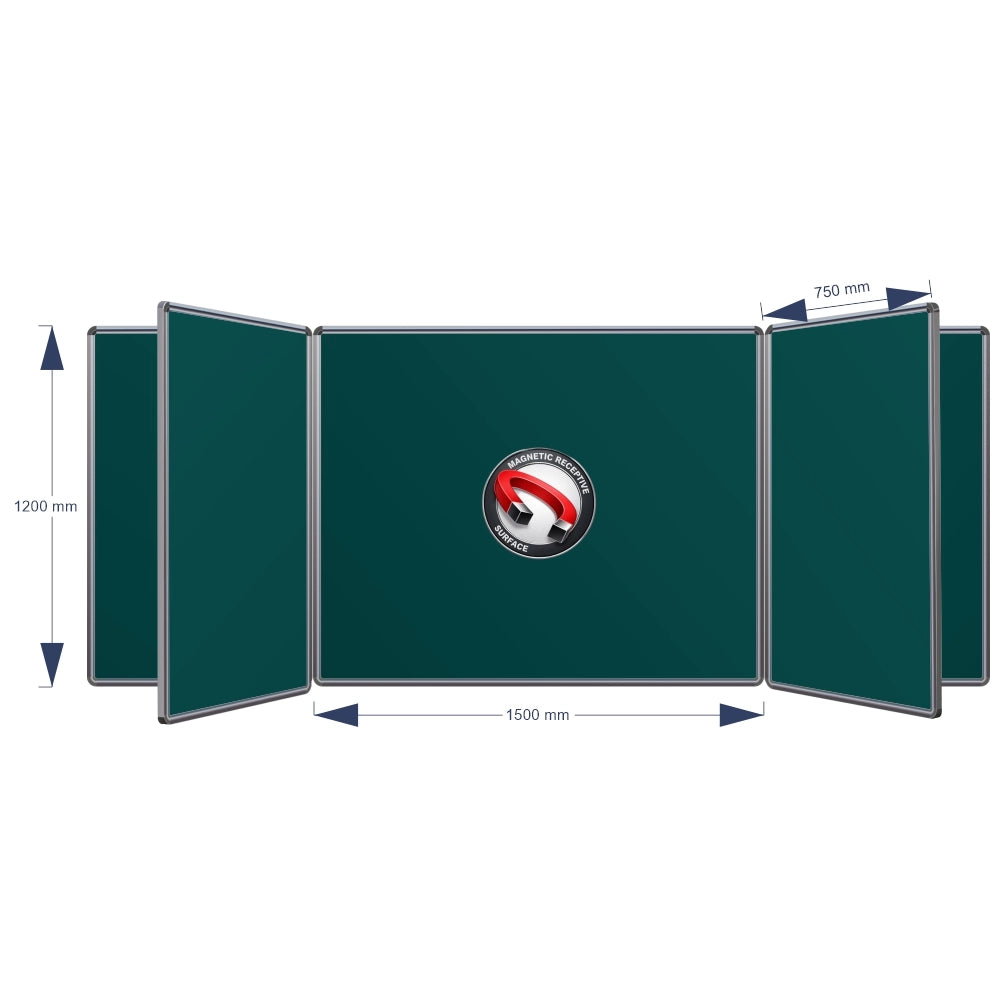 A technical product diagram of a Magnetic Swing Leaf Chalkboard, showing its dimensions: 1200 mm height, 1500 mm middle width panel, and 750 mm panel spacing, on a plain white background.