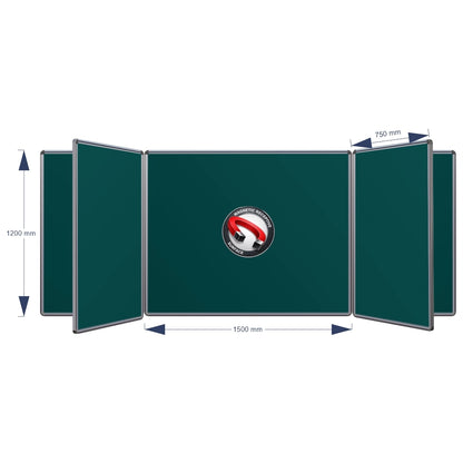 A technical product diagram of a Magnetic Swing Leaf Chalkboard, showing its dimensions: 1200 mm height, 1500 mm middle width panel, and 750 mm panel spacing, on a plain white background.