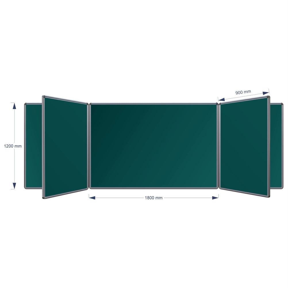 A technical product diagram of a Swing Leaf Chalkboard, showing its dimensions: 1200 mm height, 1800 mm middle width panel, and 900 mm panel spacing, on a plain white background.