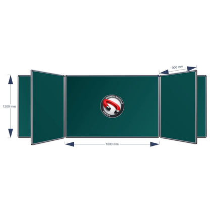 A technical product diagram of a Magnetic Swing Leaf Chalkboard, showing its dimensions: 1200 mm height, 1800 mm middle width panel, and 900 mm panel spacing, on a plain white background.