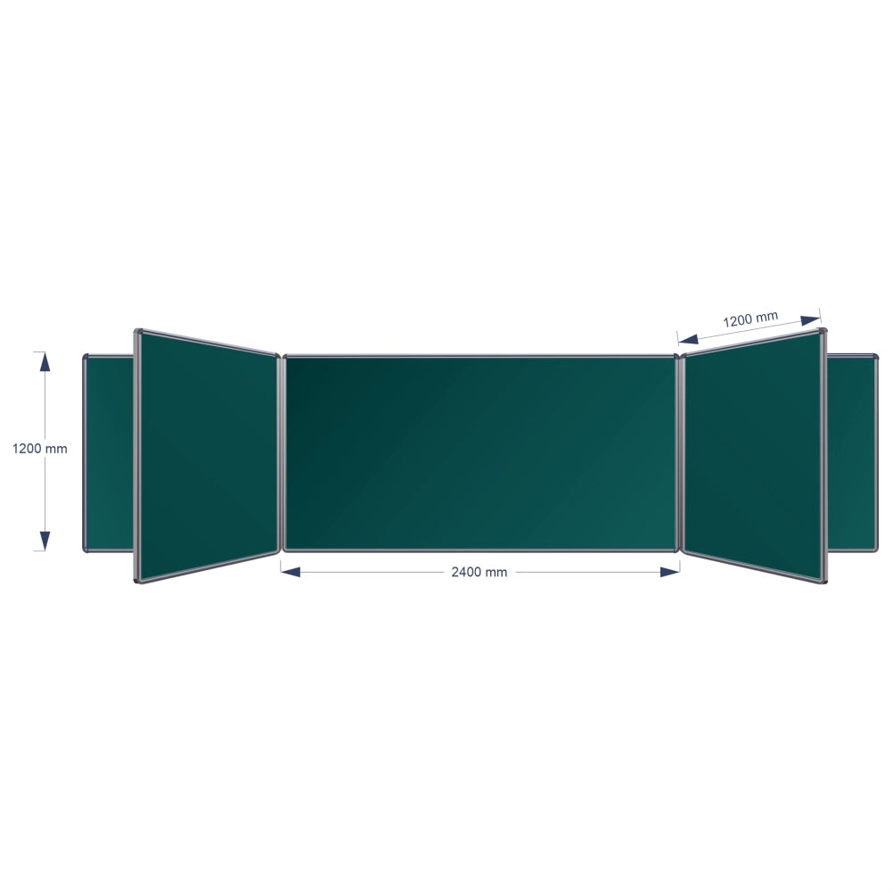A technical product diagram of a Swing Leaf Chalkboard, showing its dimensions: 1200 mm height, 2400 mm middle width panel, and 1200 mm panel spacing, on a plain white background.
