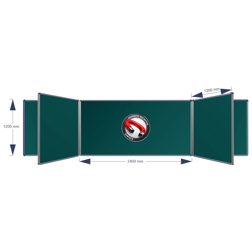 A technical product diagram of a Magnetic Swing Leaf Chalkboard, showing its dimensions: 1200 mm height, 2400 mm middle width panel, and 1200 mm panel spacing, on a plain white background.
