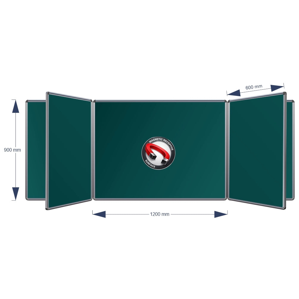 A technical product diagram of a Magnetic Swing Leaf Chalkboard, showing its dimensions: 900 mm height, 1200 mm middle width panel, and 600 mm panel spacing, on a plain white background.