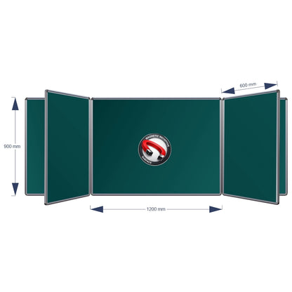 A technical product diagram of a Magnetic Swing Leaf Chalkboard, showing its dimensions: 900 mm height, 1200 mm middle width panel, and 600 mm panel spacing, on a plain white background.