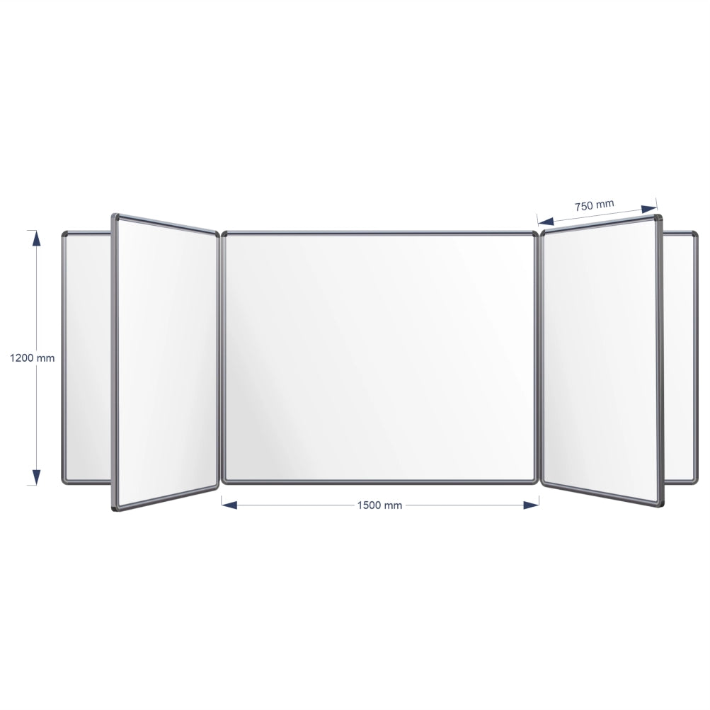 A technical product diagram of a Magnetic Swing Leaf Whiteboard, showing its dimensions: 1200 mm height, 1500 mm middle width panel, and 750 mm panel spacing, on a plain white background.