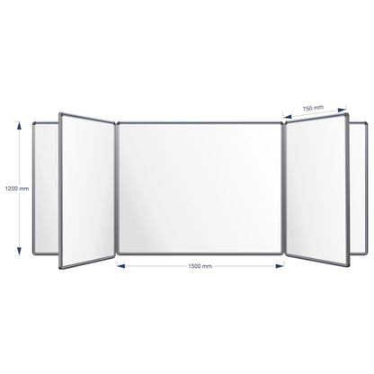 A technical product diagram of a Magnetic Swing Leaf Whiteboard, showing its dimensions: 1200 mm height, 1500 mm middle width panel, and 750 mm panel spacing, on a plain white background.