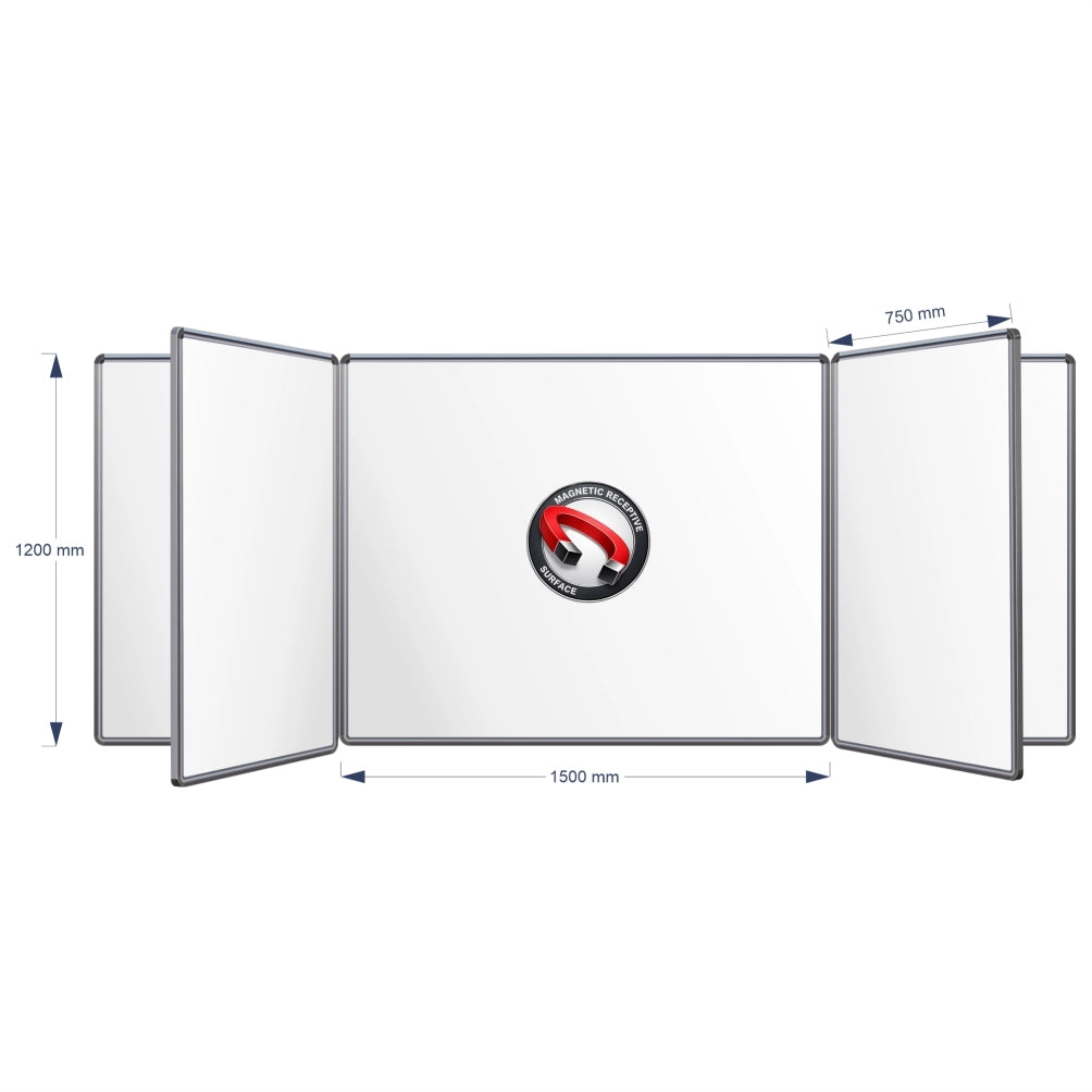 A technical product diagram of a Magnetic Swing Leaf Whiteboard, showing its dimensions: 1200 mm height, 1500 mm middle width panel, and 750 mm panel spacing, on a plain white background.