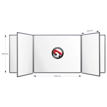 A technical product diagram of a Magnetic Swing Leaf Whiteboard, showing its dimensions: 1200 mm height, 1500 mm middle width panel, and 750 mm panel spacing, on a plain white background.