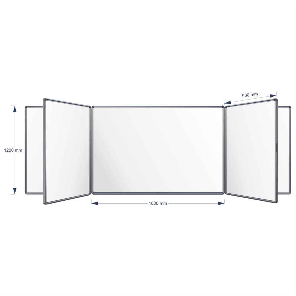 A technical product diagram of a Magnetic Swing Leaf Whiteboard, showing its dimensions: 1200 mm height, 1800 mm middle width panel, and 900 mm panel spacing, on a plain white background.