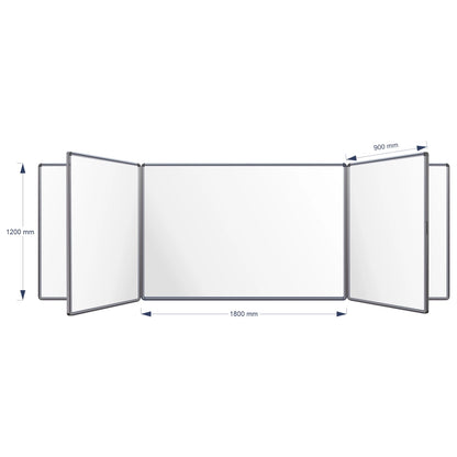 A technical product diagram of a Magnetic Swing Leaf Whiteboard, showing its dimensions: 1200 mm height, 1800 mm middle width panel, and 900 mm panel spacing, on a plain white background.