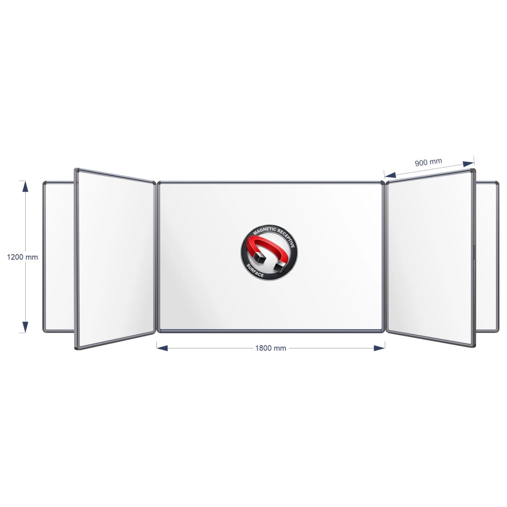 A technical product diagram of a Magnetic Swing Leaf Whiteboard, showing its dimensions: 1200 mm height, 1800 mm middle width panel, and 900 mm panel spacing, on a plain white background.