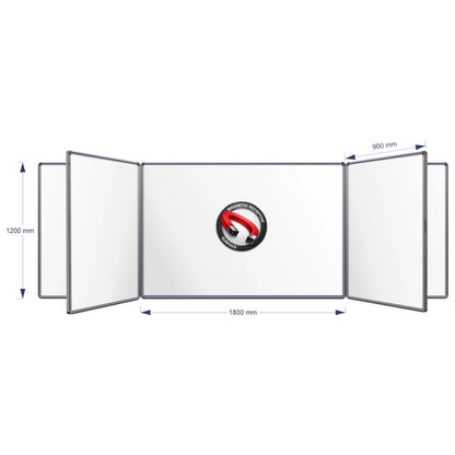 A technical product diagram of a Magnetic Swing Leaf Whiteboard, showing its dimensions: 1200 mm height, 1800 mm middle width panel, and 900 mm panel spacing, on a plain white background.