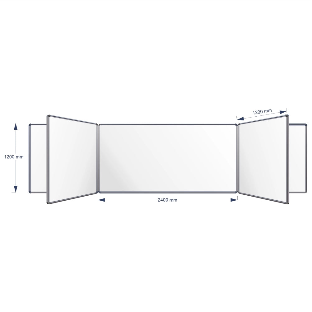 A technical product diagram of a Swing Leaf Whiteboard, showing its dimensions: 1200 mm height, 2400 mm middle width panel, and 1200 mm panel spacing, on a plain white background.