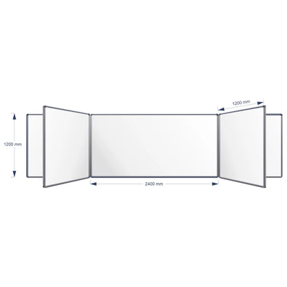 A technical product diagram of a Swing Leaf Whiteboard, showing its dimensions: 1200 mm height, 2400 mm middle width panel, and 1200 mm panel spacing, on a plain white background.