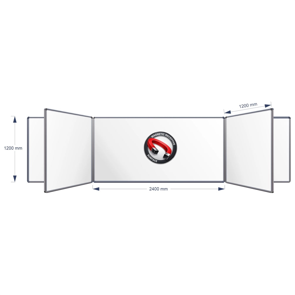 A technical product diagram of a Magnetic Swing Leaf Whiteboard, showing its dimensions: 1200 mm height, 2400 mm middle width panel, and 1200 mm panel spacing, on a plain white background.