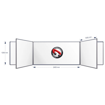 A technical product diagram of a Magnetic Swing Leaf Whiteboard, showing its dimensions: 1200 mm height, 2400 mm middle width panel, and 1200 mm panel spacing, on a plain white background.