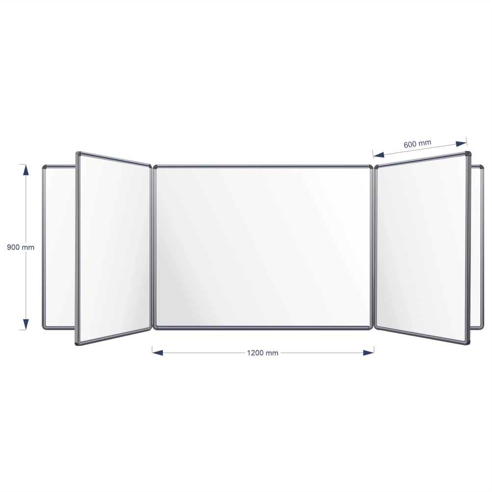 A technical product diagram of a Magnetic Swing Leaf Whiteboard, showing its dimensions: 900 mm height, 1200 mm middle width panel, and 600 mm panel spacing, on a plain white background.