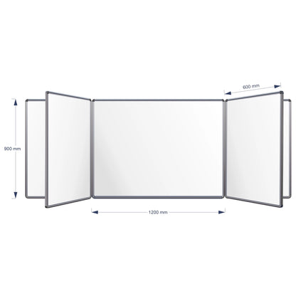 A technical product diagram of a Magnetic Swing Leaf Whiteboard, showing its dimensions: 900 mm height, 1200 mm middle width panel, and 600 mm panel spacing, on a plain white background.