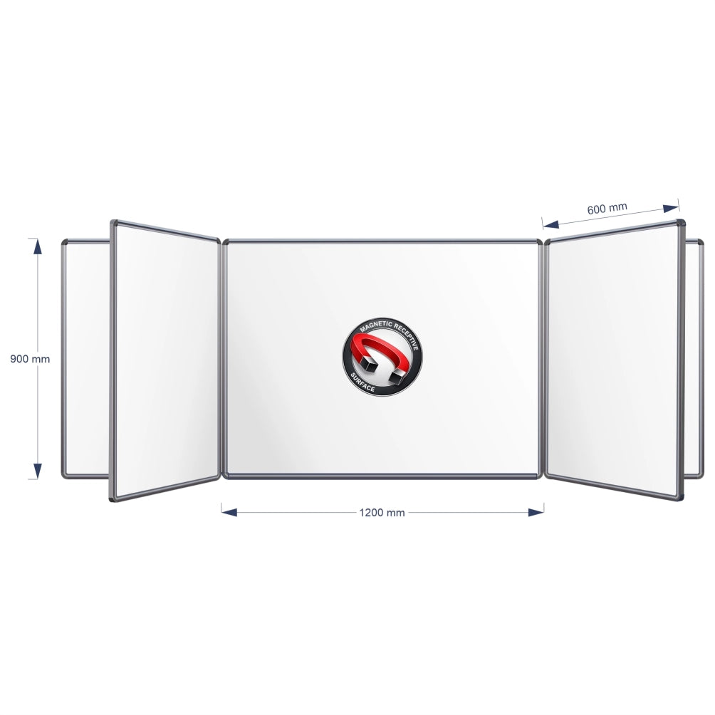 A technical product diagram of a Magnetic Swing Leaf Whiteboard, showing its dimensions: 900 mm height, 1200 mm middle width panel, and 600 mm panel spacing, on a plain white background.