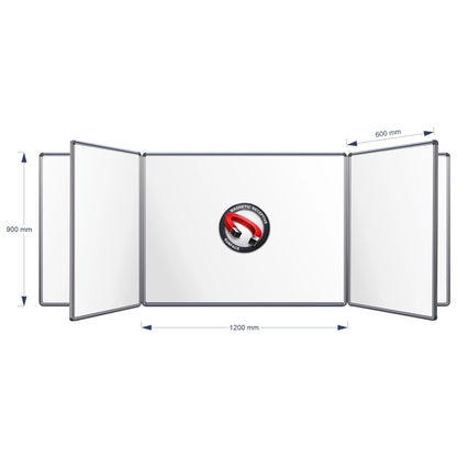 A technical product diagram of a Magnetic Swing Leaf Whiteboard, showing its dimensions: 900 mm height, 1200 mm middle width panel, and 600 mm panel spacing, on a plain white background.
