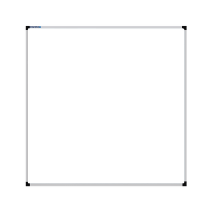 This image shows a square whiteboard with a silver frame. The corners of the frame are reinforced with black plastic. The whiteboard has a tray at the bottom for holding markers and erasers.