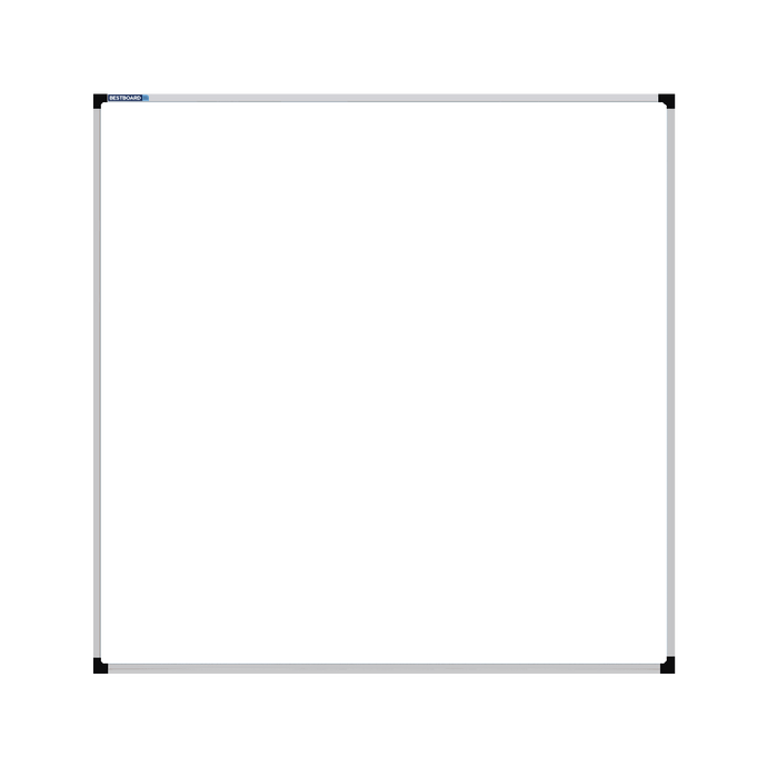 This image shows a square whiteboard with a silver frame. The corners of the frame are reinforced with black plastic. The whiteboard has a tray at the bottom for holding markers and erasers.