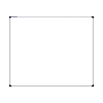 This image shows a rectangular whiteboard with a silver frame. The corners of the frame are reinforced with black plastic. The whiteboard has a tray at the bottom for holding chalk and erasers.