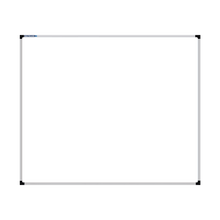 Load image into Gallery viewer, This image shows a rectangular whiteboard with a silver frame. The corners of the frame are reinforced with black plastic. The whiteboard has a tray at the bottom for holding chalk and erasers.
