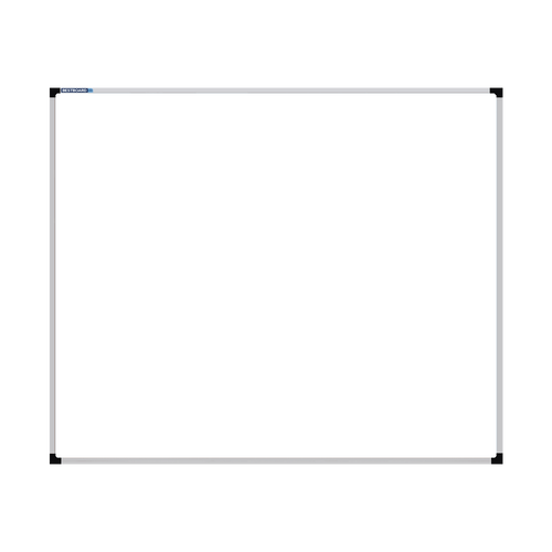 This image shows a rectangular whiteboard with a silver frame. The corners of the frame are reinforced with black plastic. The whiteboard has a tray at the bottom for holding chalk and erasers.