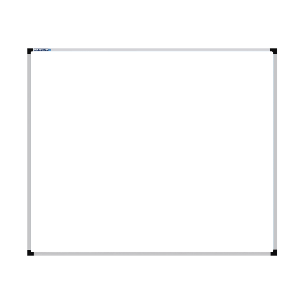 This image shows a rectangular whiteboard with a silver frame. The corners of the frame are reinforced with black plastic. The whiteboard has a tray at the bottom for holding chalk and erasers.