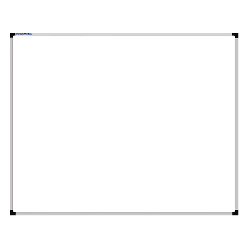 This image shows a rectangular whiteboard with a silver frame. The corners of the frame are reinforced with black plastic. The whiteboard has a tray at the bottom for holding markers and erasers.