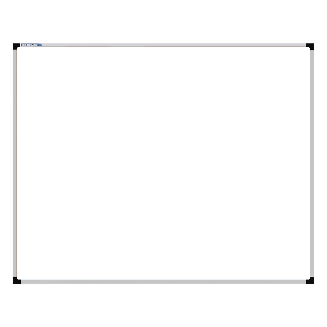 This image shows a rectangular whiteboard with a silver frame. The corners of the frame are reinforced with black plastic. The whiteboard has a tray at the bottom for holding markers and erasers.