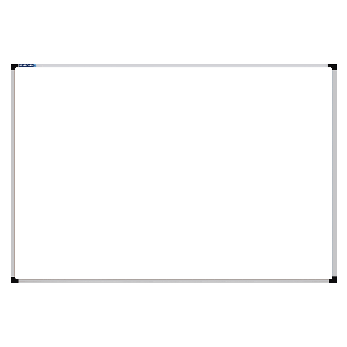 This image shows a rectangular whiteboard with a silver frame. The corners of the frame are reinforced with black plastic. The whiteboard has a tray at the bottom for holding markers and erasers.