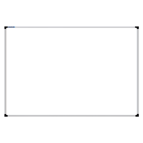 This image shows a rectangular whiteboard with a silver frame. The corners of the frame are reinforced with black plastic. The whiteboard has a tray at the bottom for holding markers and erasers.