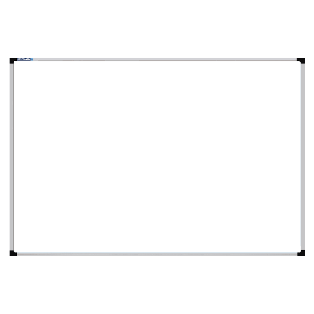 This image shows a rectangular whiteboard with a silver frame. The corners of the frame are reinforced with black plastic. The whiteboard has a tray at the bottom for holding markers and erasers.