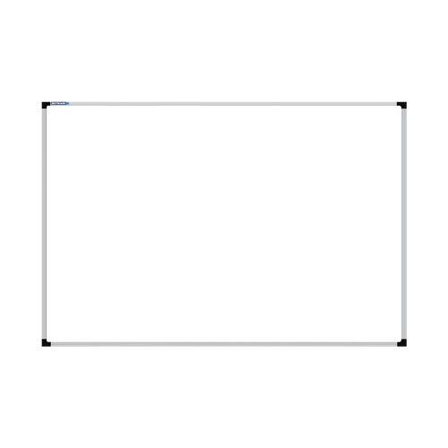 This image shows a rectangular whiteboard with a silver frame. The corners of the frame are reinforced with black plastic. The whiteboard has a tray at the bottom for holding markers and erasers.