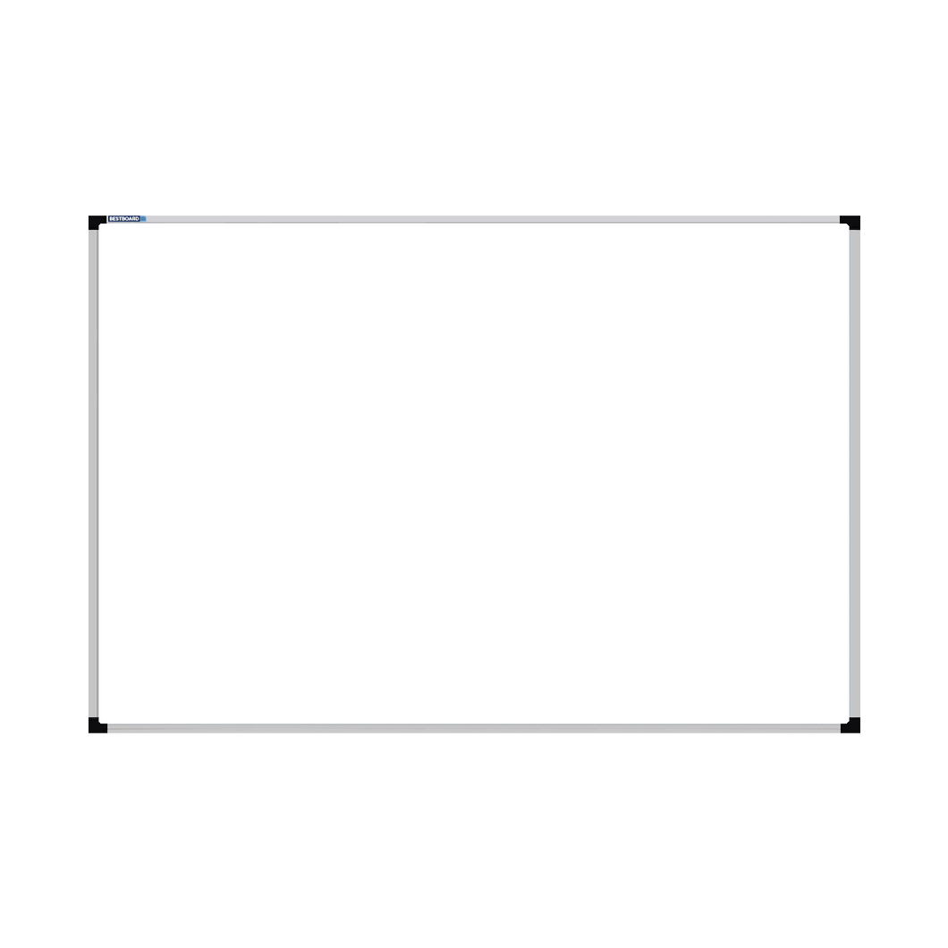 This image shows a rectangular whiteboard with a silver frame. The corners of the frame are reinforced with black plastic. The whiteboard has a tray at the bottom for holding markers and erasers.