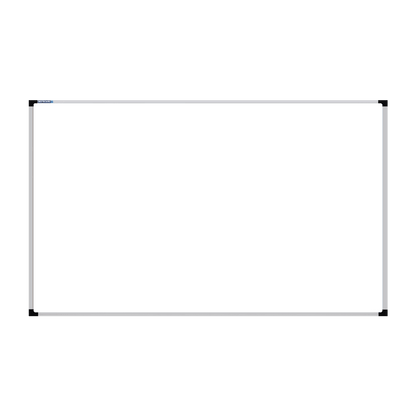 This image shows a rectangular whiteboard with a silver frame. The corners of the frame are reinforced with black plastic. The whiteboard has a tray at the bottom for holding markers and erasers.