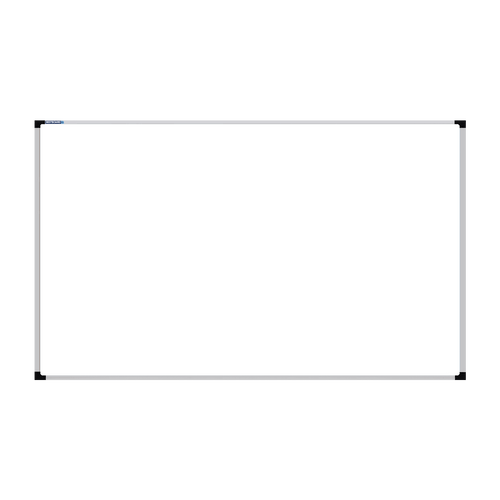 This image shows a rectangular whiteboard with a silver frame. The corners of the frame are reinforced with black plastic. The whiteboard has a tray at the bottom for holding markers and erasers.