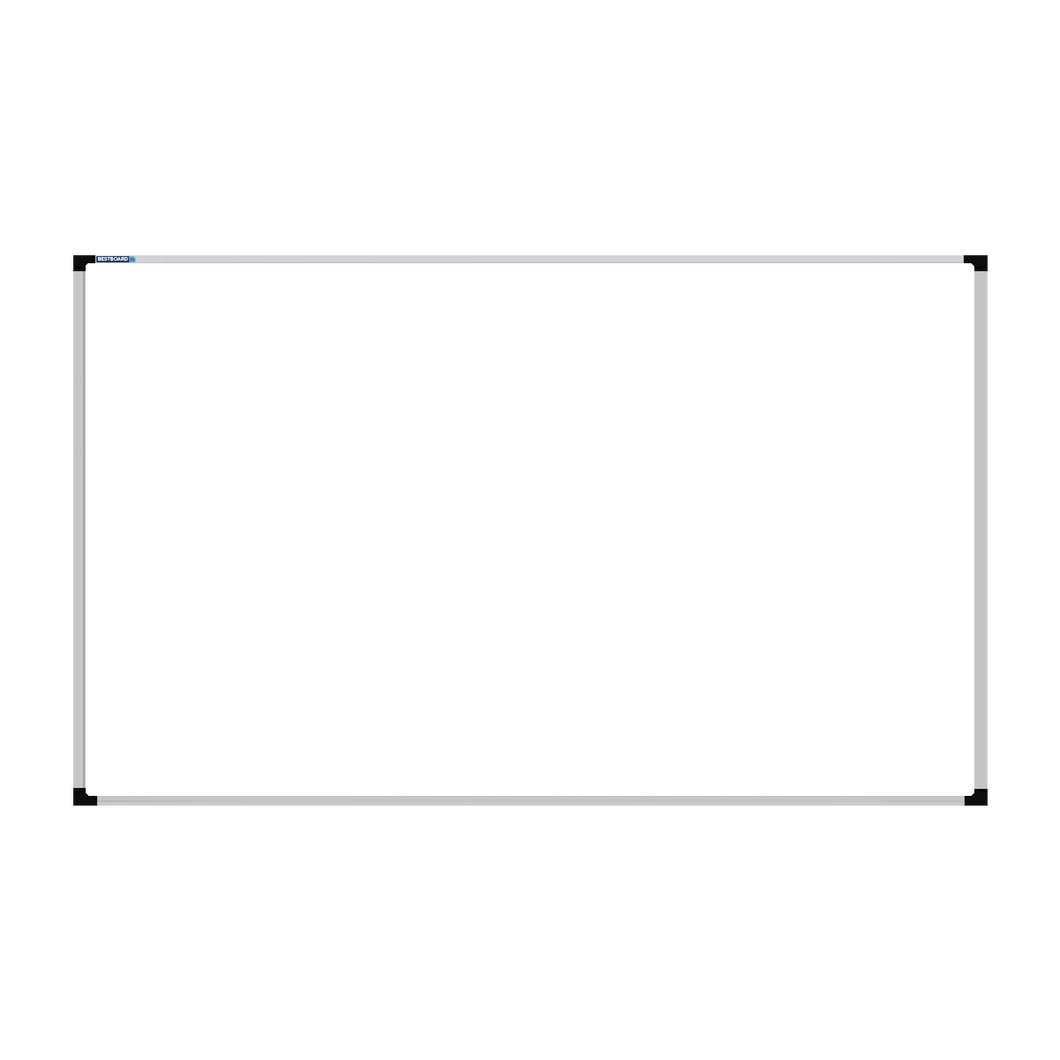 This image shows a rectangular whiteboard with a silver frame. The corners of the frame are reinforced with black plastic. The whiteboard has a tray at the bottom for holding markers and erasers.