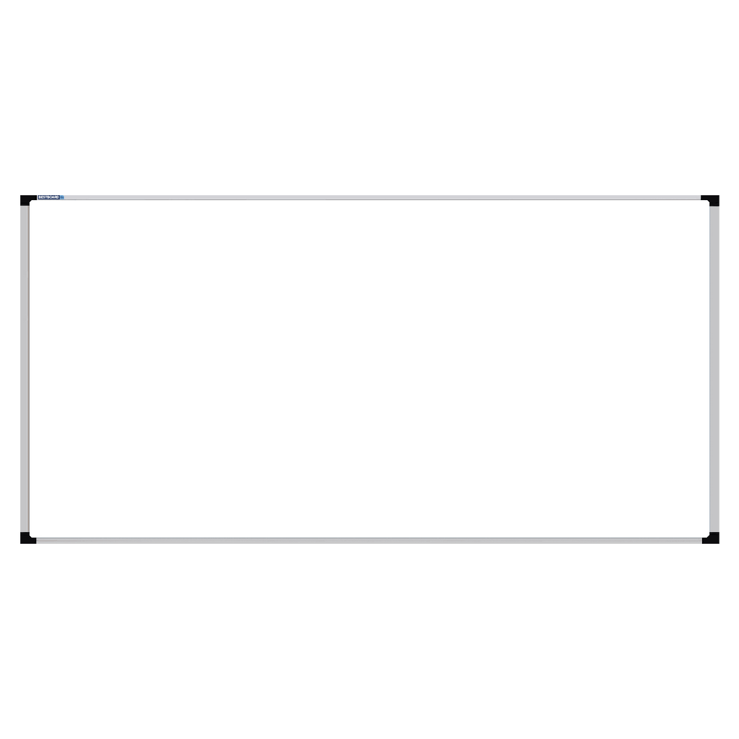 This image shows a rectangular whiteboard with a silver frame. The corners of the frame are reinforced with black plastic. The whiteboard has a tray at the bottom for holding markers and erasers.